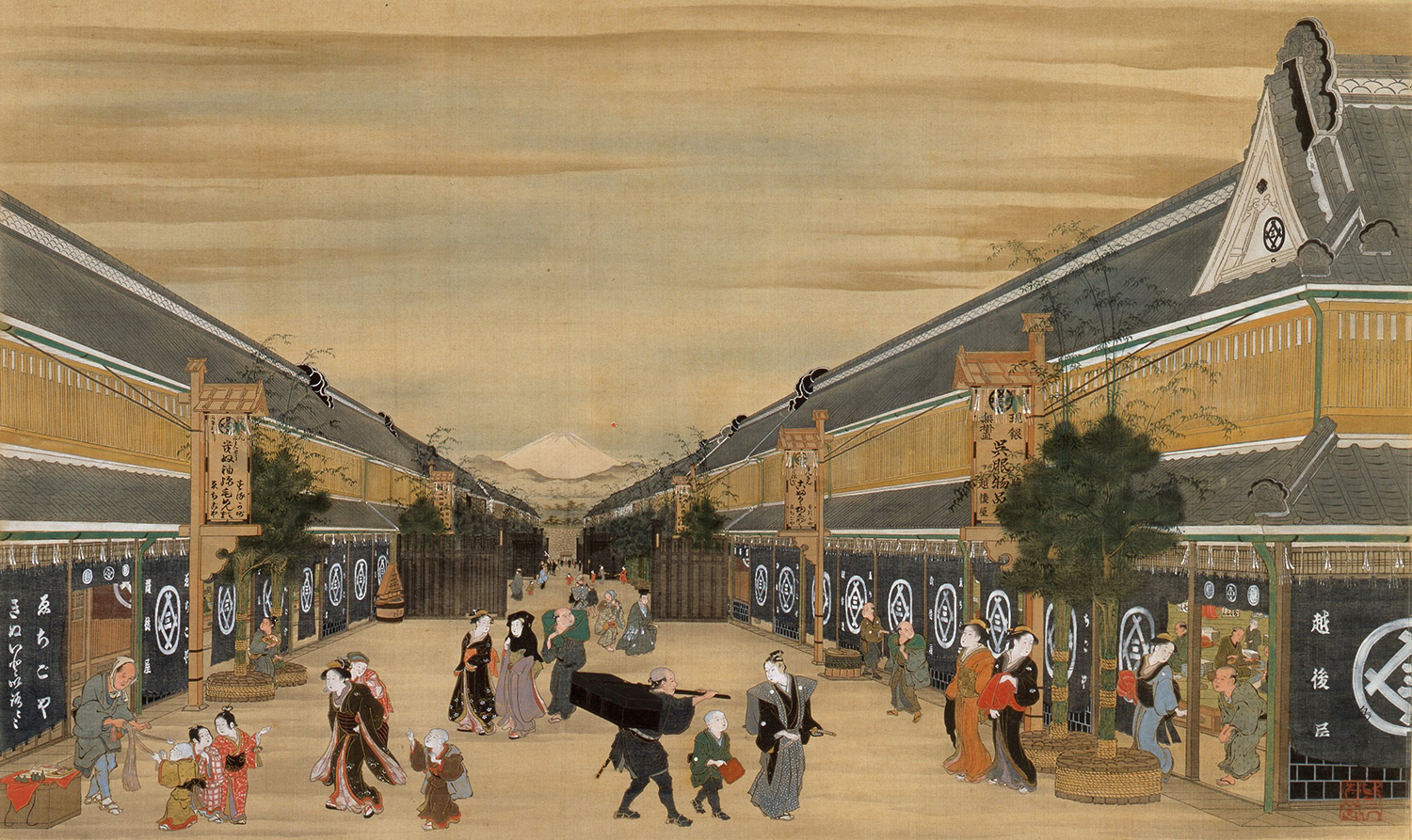 Nihonbashi during the Edo period/The Echigo-ya in Surugacho on New Year's Day, a woodblock print by Kiyonaga Torii(The Mitsui Memorial Museum collection)